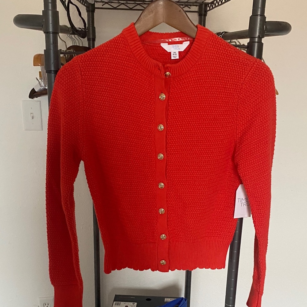 Time and Tru Bright Red Textured Button-Up Cardigan